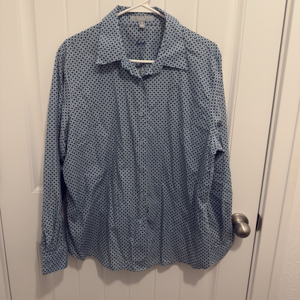 Foxcroft Women's Long Sleeve Button Up Shirt Blue Floral Design Size 16